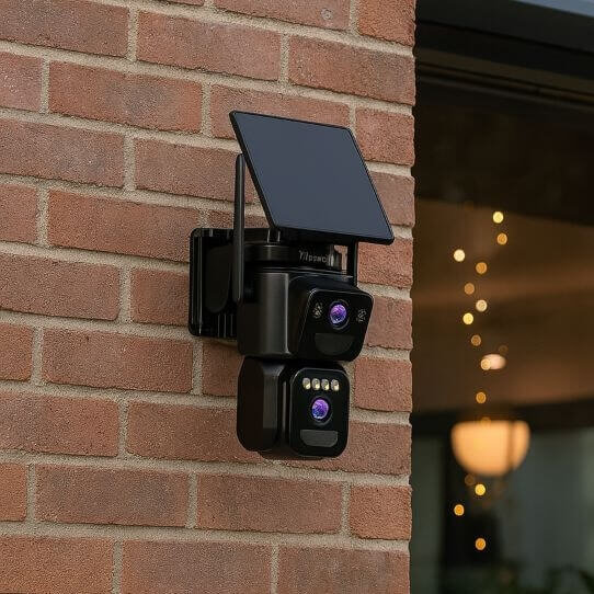 Uniter Dual Lens Solar Security Cameras Wireless Outdoor, 5G/2.4G WiFi 6, Panoramic & Tracking Cam 2-in-1, 6MP Color Night Vision/Motion Detection/Person Tracking/Spotlight Siren/PTZ/2-Way Audio