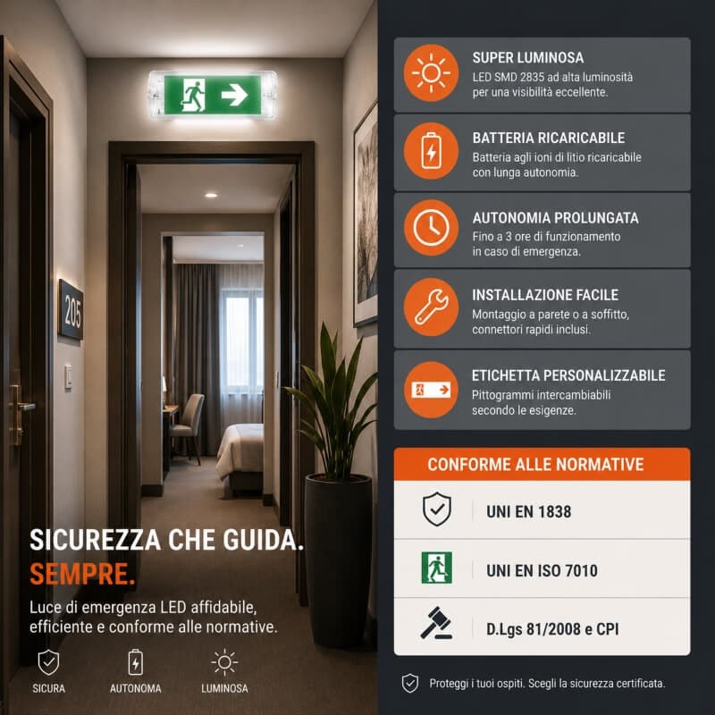 Cartello per Uscita di Sicurezza Luminoso a LED IP65 Batteria Ricaricabile - immagine 2