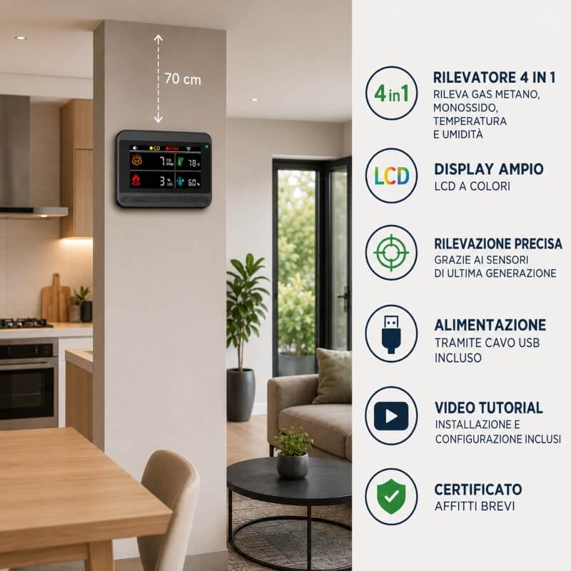 Rilevatore 4 in 1 Gas Metano Monossido Temperatura e Umidità Wi-Fi Cavo USB - immagine 2